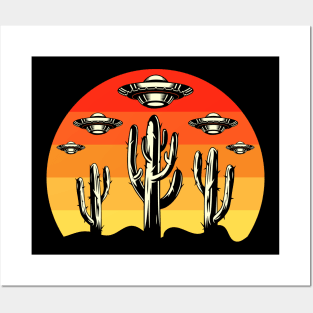 Retro sunset desert cactus alien ufo Posters and Art